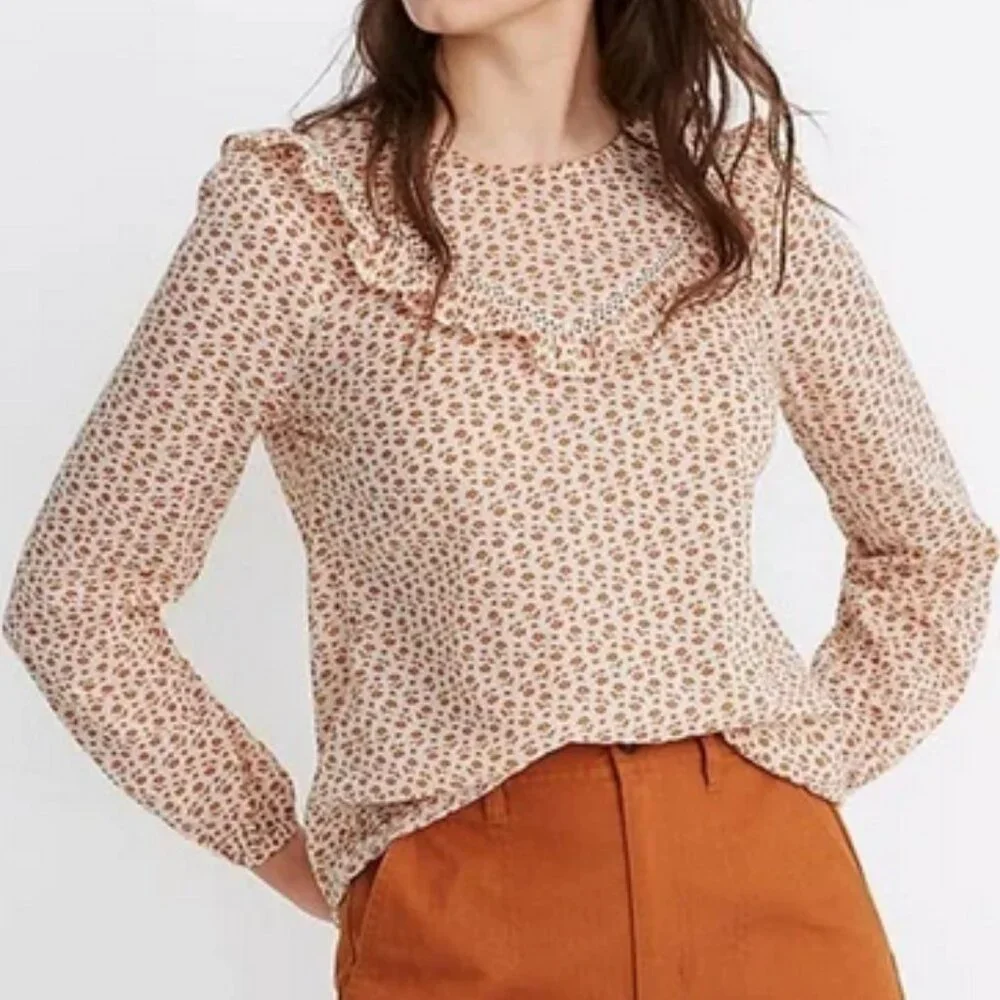 MADEWELL orange floral ruffle-yoke prairie top, Small. - Picture 1 of 11